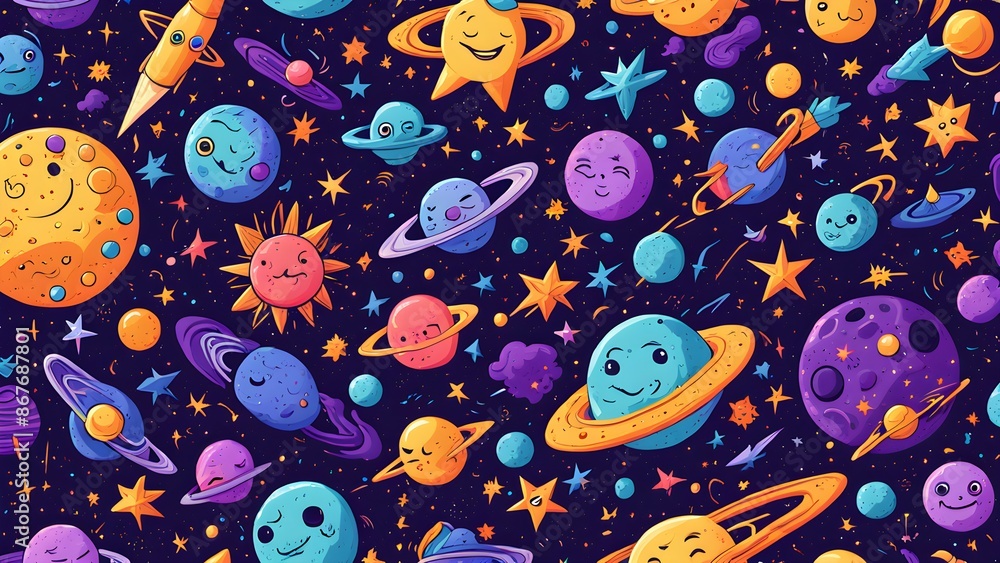Poster a colorful space scene with many planets and rockets