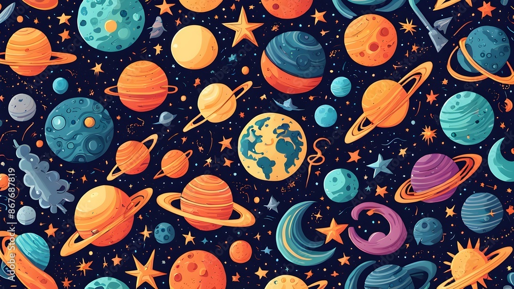 Poster a colorful space scene with many planets and rockets