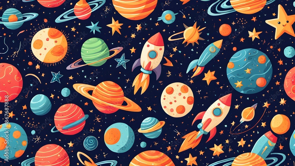 Poster a colorful space scene with many rockets and planets