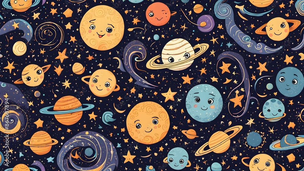 Poster a colorful space scene with many rockets and planets