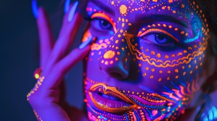 An artistic image showcasing detailed neon body paint that glows in the darkness, highlighting the small dots and patterns on the skin under blacklight illumination.