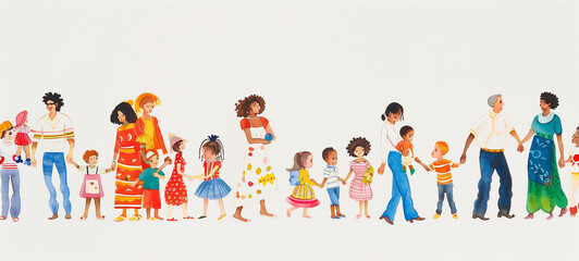 A drawing of diverse and multicultural collection of families, each consisting of parents and children, depicted in various interactions and cultural attire