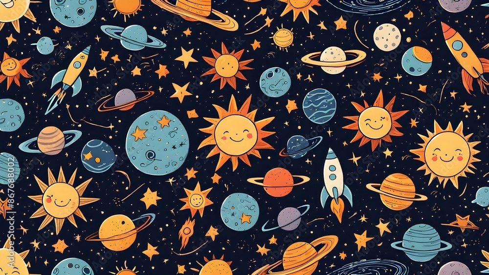 Poster a colorful space scene with many rockets and planets