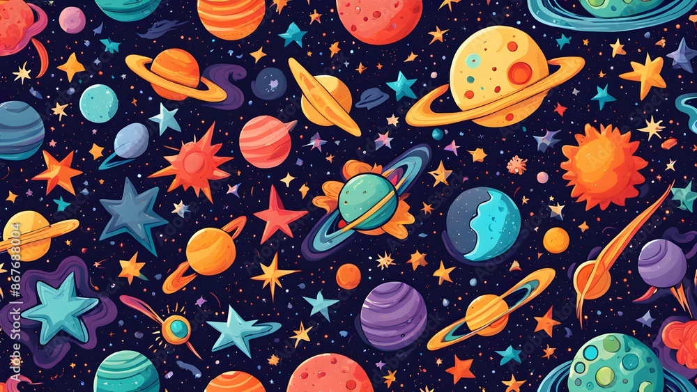Poster a colorful space scene with many rockets and planets