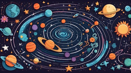 A colorful space scene with many rockets and planets