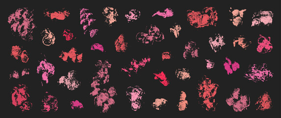 Grunge abstract lipstick stains set. Lipstick stains, daubs and smears. Paint splatter backgrounds. Paint brush dirty strokes textures. Quirky scribbles. Rough grungy overlays.