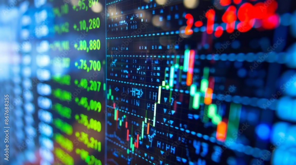 Poster a close-up view of a stock exchange market graph analysis display showing vibrant green, red, and bl