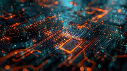 A high-tech circuit board featuring an intricate network of pathways and components. Represents advanced technology and the precision of modern electronics.