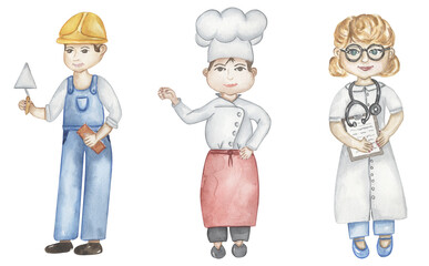Watercolor peoole in professions illustration, buider, chef cook and doctor clipart