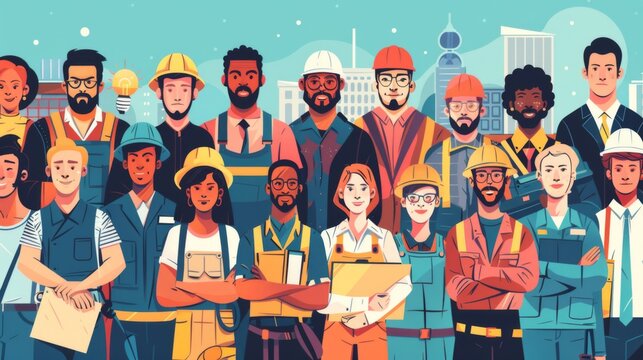 A vibrant illustration depicting a diverse group of construction workers standing together in front of a cityscape, representing teamwork, unity, and progress in construction.