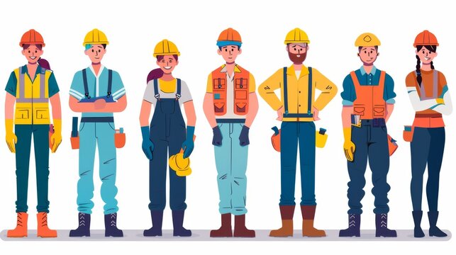A cartoon-style illustration featuring a group of construction workers standing together, equipped with various tools, showcasing their teamwork and strength.