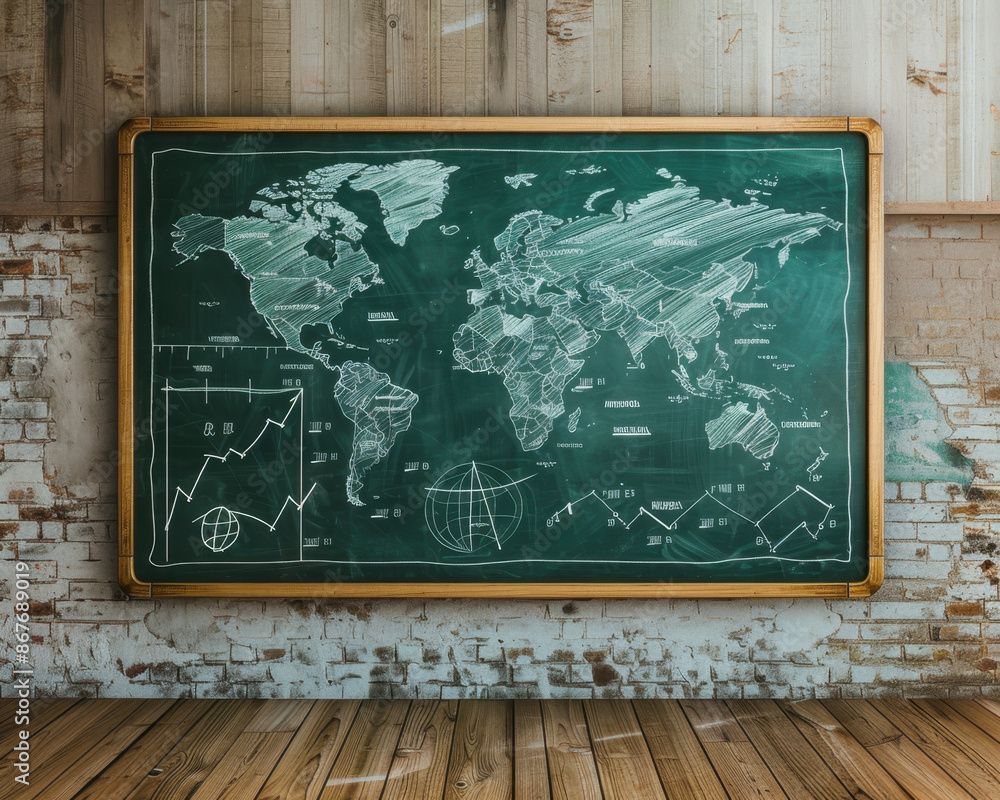 Leinwandbilder chalkboard world map with graphs and charts in rustic classroom setting