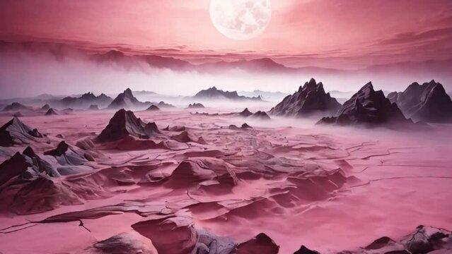 ピンクの霧が覆う異星の惑星 岩だらけの幻想的な風景