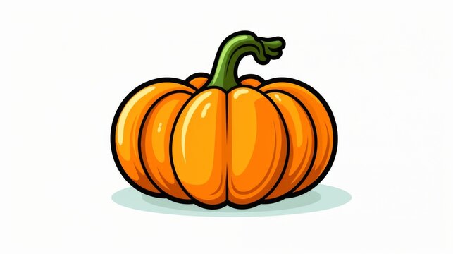 This is an illustration of a vibrant orange pumpkin with a prominent green stem, rendered in a playful and cartoonish style on a light background.