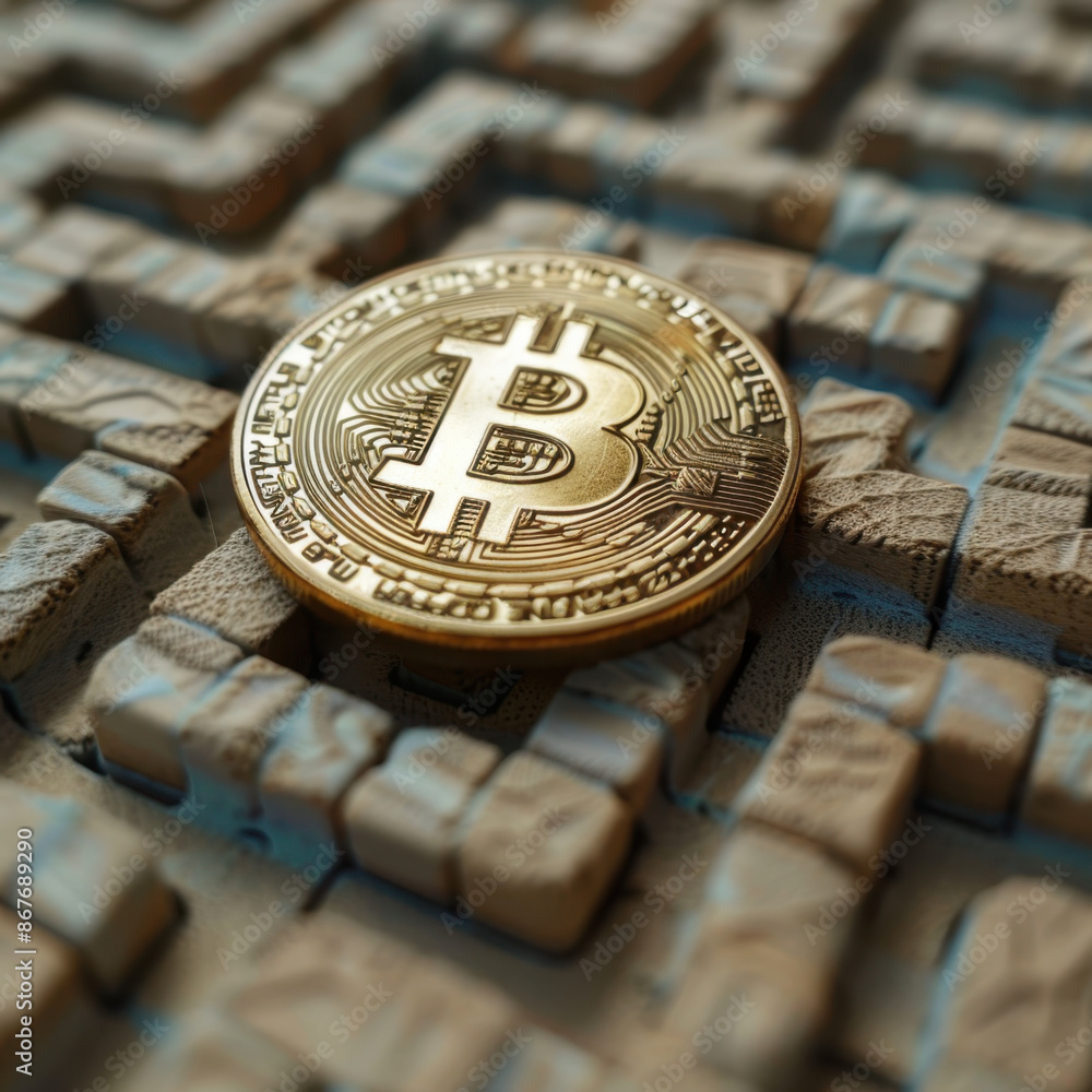 Poster golden bitcoin on a maze-like background symbolizing cryptocurrency challenges and blockchain techno