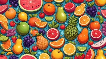 A colorful fruit pattern with apples, oranges, and grapefruit