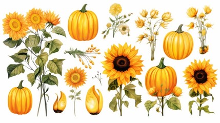 A collection of sunflowers, pumpkins, and fall elements, featuring vibrant colors and detailed designs perfect for seasonal decoration and harvest-themed projects.