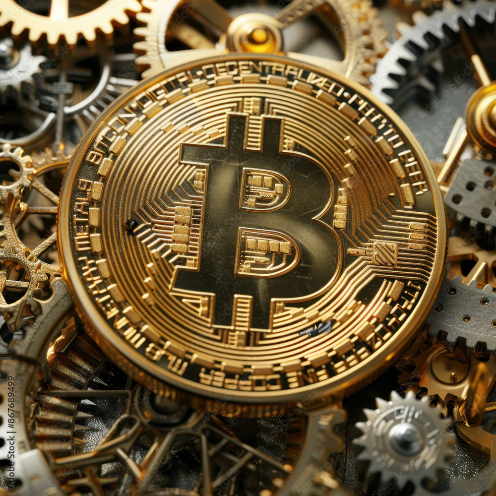 Poster bitcoin cryptocurrency on complex mechanical gears and cogs background
