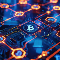 Abstract cryptocurrency concept with glowing Bitcoin symbols on a blue circuit board background