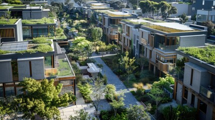 A sustainable urban neighborhood with permeable pavements and green roofs.