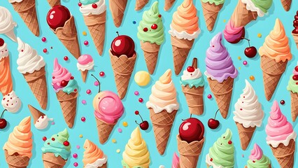 A cartoon of many different flavored ice cream cones