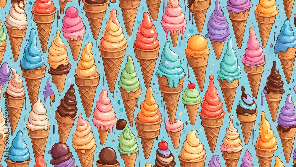 Poster a colorful ice cream pattern with many different flavors of ice cream in various