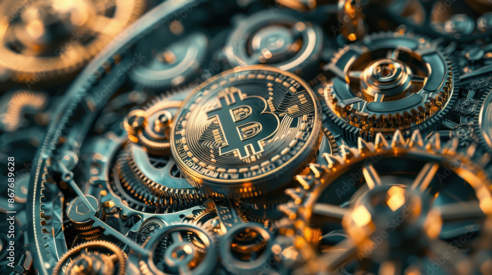 Poster closeup of bitcoin symbol integrated into interconnected mechanical gears and cogs in blue and gold 