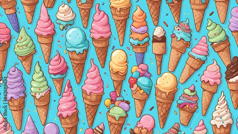 Poster a colorful ice cream pattern with many different flavors of ice cream in various