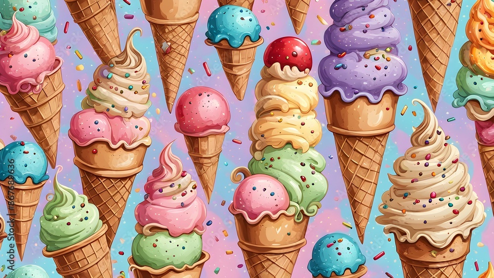 Poster a colorful ice cream pattern with many different flavors of ice cream in various