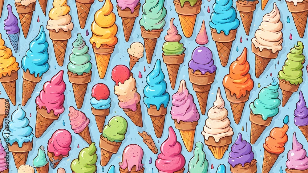 Poster a colorful ice cream pattern with many different flavors of ice cream in various