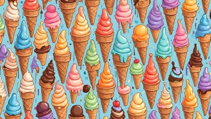 A colorful ice cream pattern with many different flavors of ice cream in various