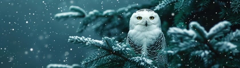 Fototapeta premium Snowy owl perched on a decorated Christmas tree