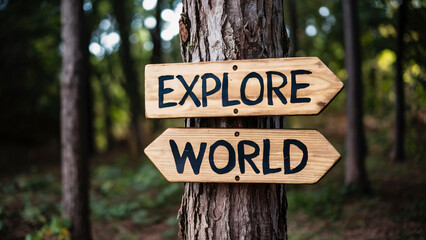 EXPLORE THE WORLD Sign Highlighted by Forest Background