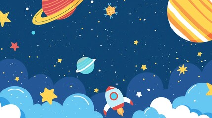 Illustration of Outer Space with Planets, Stars, and a Rocket