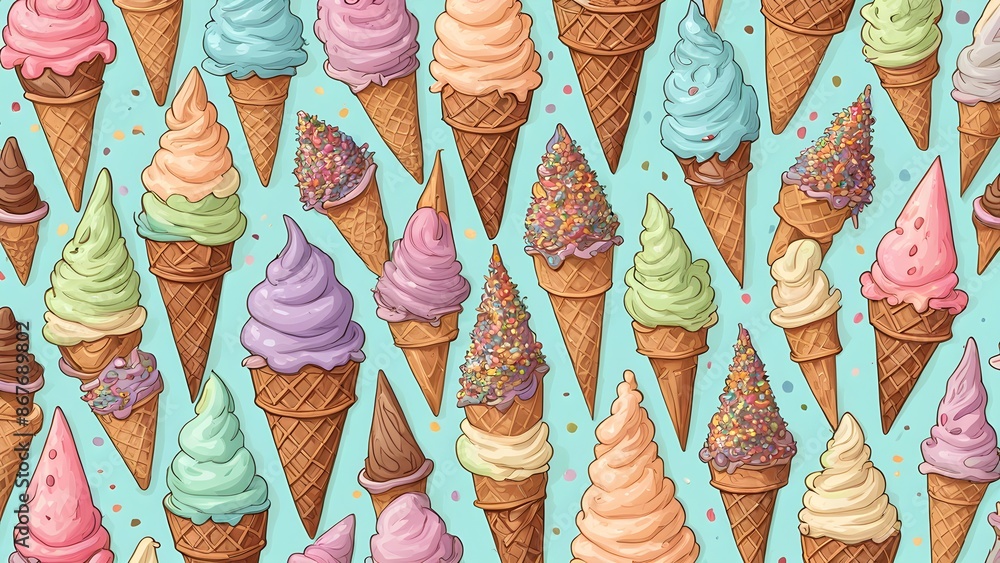 Poster a colorful ice cream pattern with many different flavors of ice cream in various