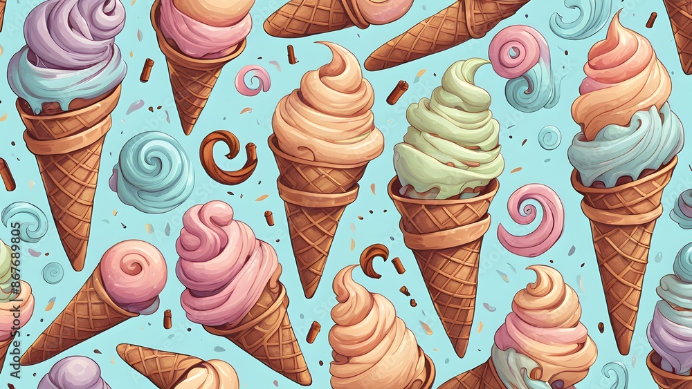 Poster a colorful ice cream pattern with many different flavors of ice cream in various
