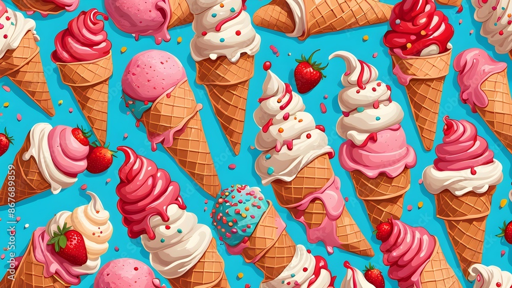 Poster a colorful ice cream pattern with many different flavors of ice cream