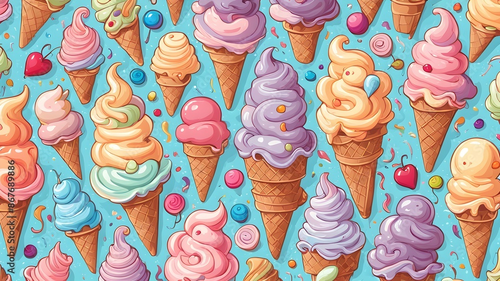 Poster a colorful ice cream pattern with many different flavors of ice cream