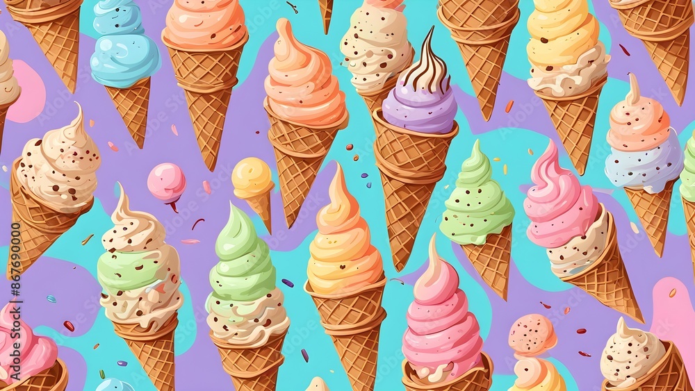 Poster a colorful ice cream pattern with many different flavors of ice cream