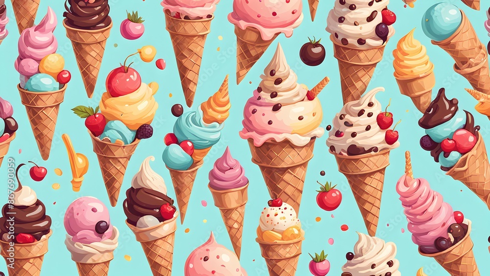 Poster a colorful ice cream pattern with many different flavors