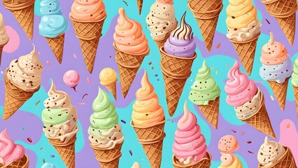 A colorful ice cream pattern with many different flavors of ice cream