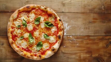 Top down view of a Pizza Margherita placed on a wooden background perfect for showcasing content with ample copy space. Generative AI