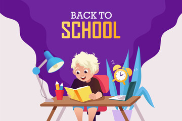 Back to school. A child is reading a book. Training and education. Vector cartoon illustration.