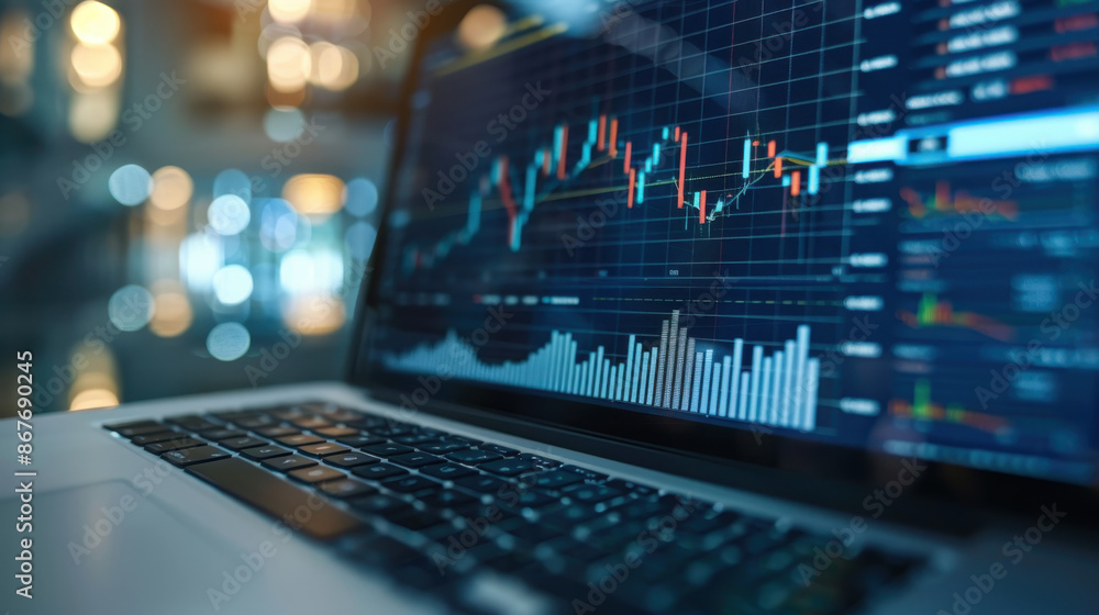 Poster laptop displaying financial stock market data with graphs and charts in a modern office setting