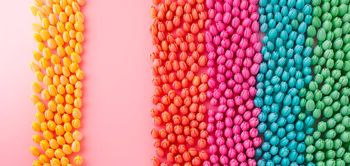 Colorful rows of assorted candies in vibrant shades of yellow, orange, red, pink, and blue on a pink background. Sweet treats and confectionery.