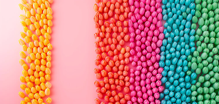 Colorful rows of assorted candies in vibrant shades of yellow, orange, red, pink, and blue on a pink background. Sweet treats and confectionery.