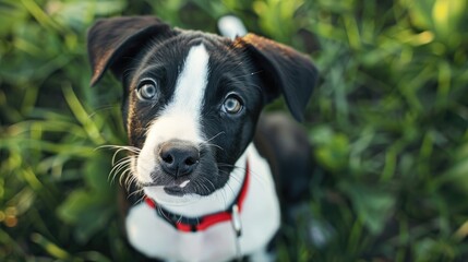 White and black dog puppy with red collar in grass closeup portrait