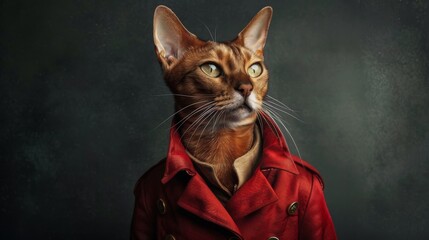 A majestically posed cat wears a fashionable red coat against an elegant and dark, textured background, capturing sophistication and feline charisma beautifully.