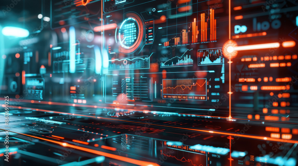 Poster futuristic digital interface with data analytics graphs and charts in a high-tech environment