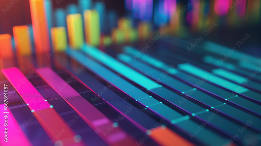 Poster Abstract colorful 3D bar chart with neon lights depicting data visualization and analytics